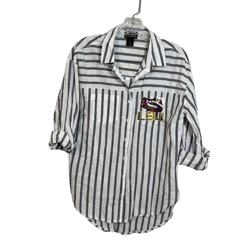 Gameday Casuals LSU Sequin Womans Button Down Tigers Shirt Stripe Roll‎ Tab